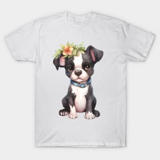 Watercolor Boston Terrier Dog with Head Wreath T-Shirt